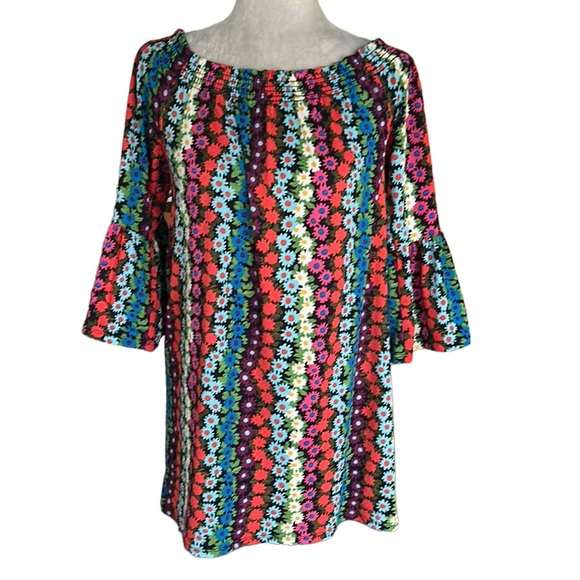 Trina Turk Daisy Floral Bell Sleeve Off the Shoulder Mini Swing Slip Dress - S - Picture 4 of 16